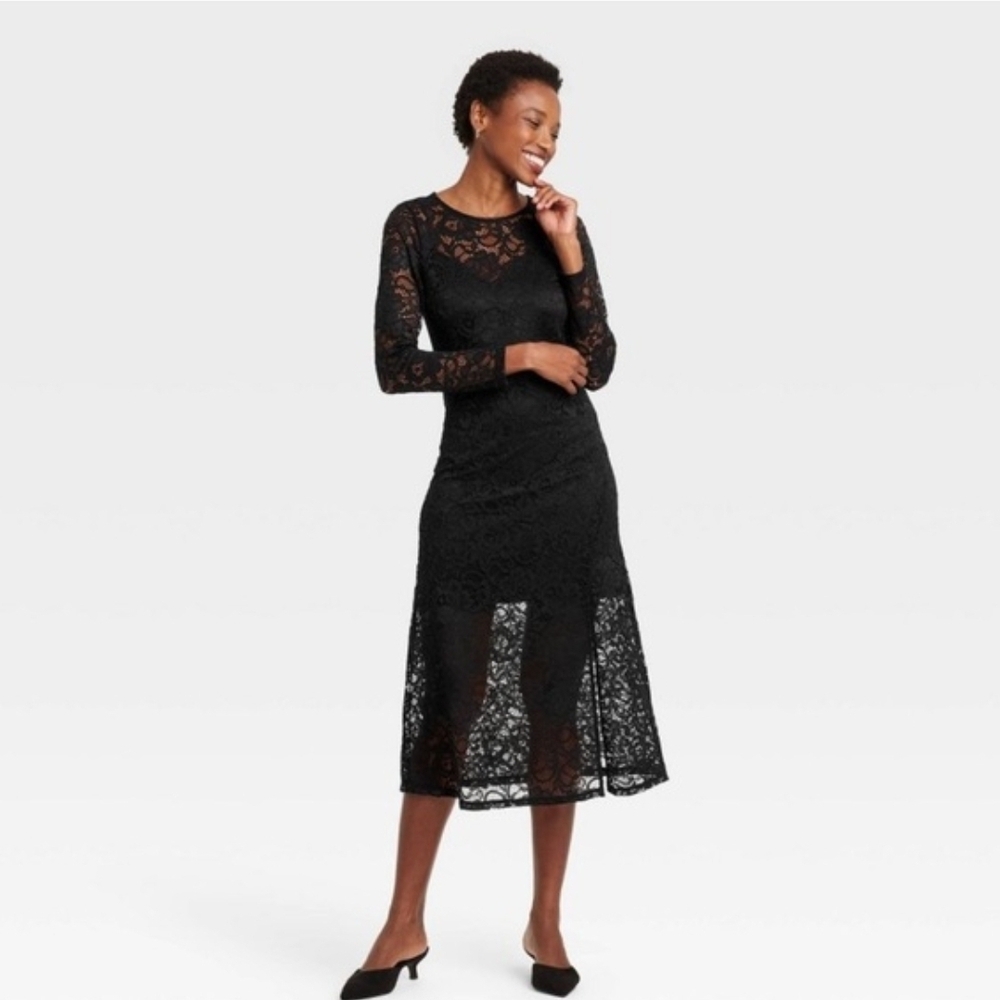 a new day Black Lace Midi Dress with Long Sleeves